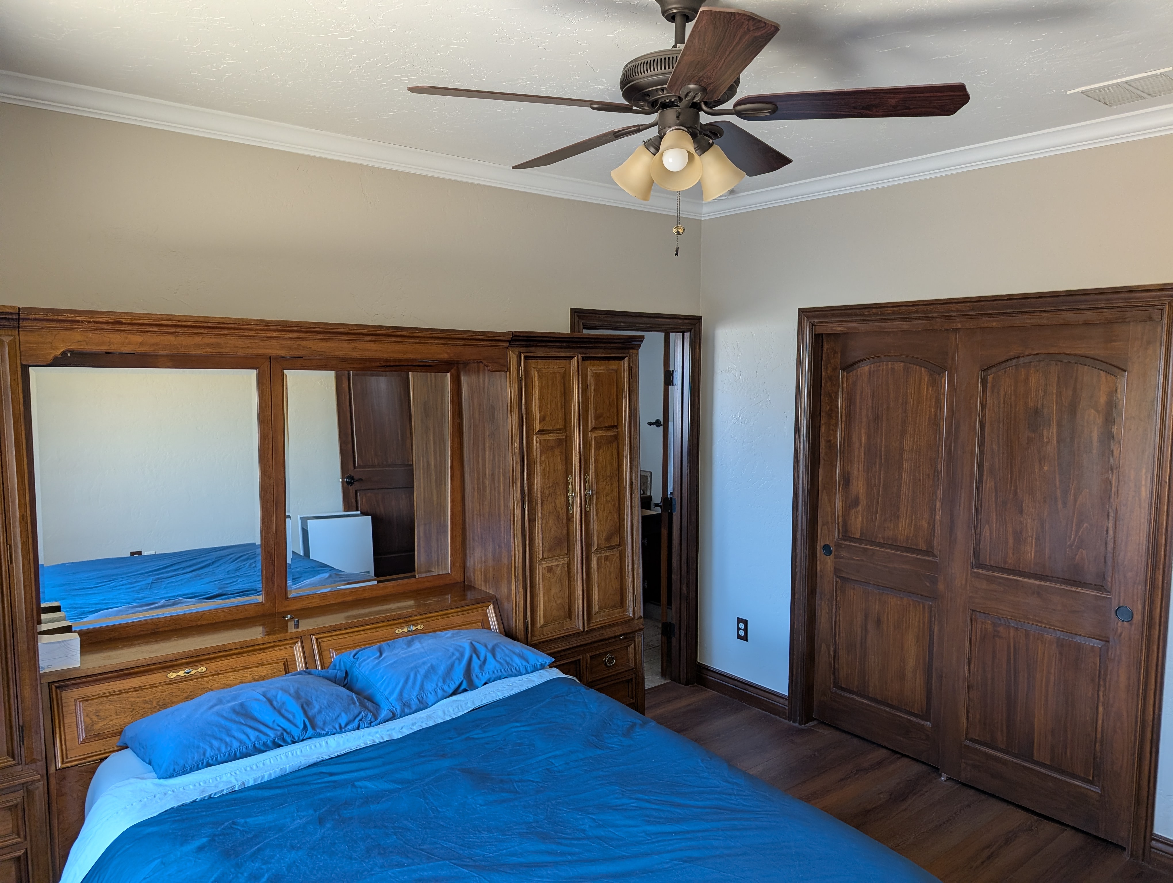 Bedroom with ceiling fan, walk-in storage, and closet doors